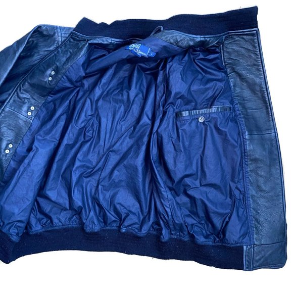 Polo Lauren Ralph Blue Bomber Large Leather Jacket - Picture 5 of 8